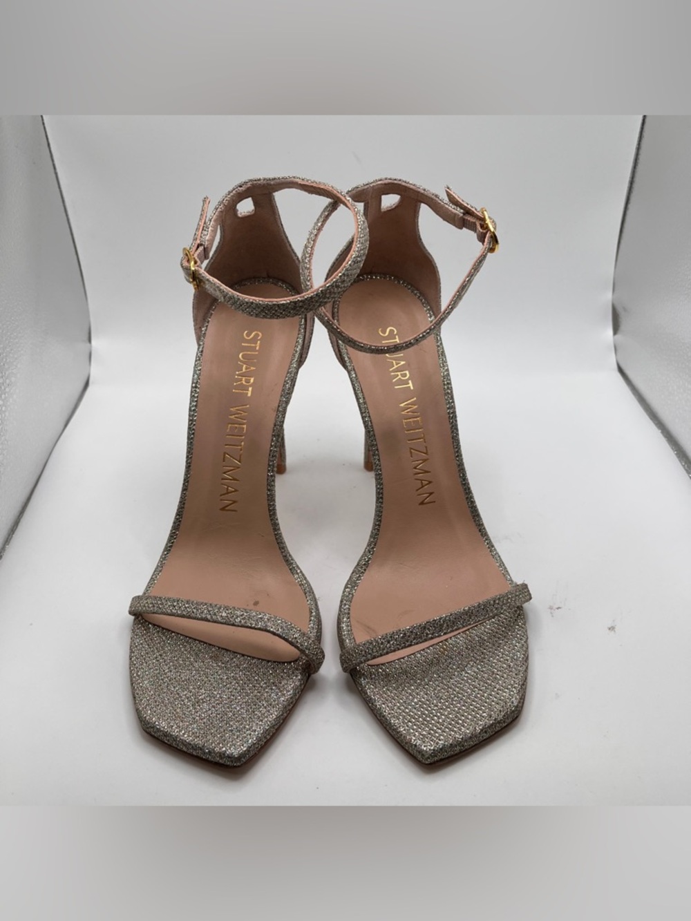 Stuart Weitzman Silver Ankle-Strap Stiletto NudistCurve 100 Sandal Heels 8.5 - Picture 4 of 10